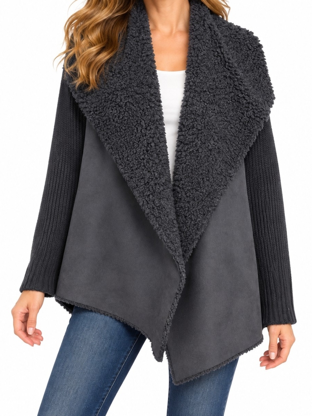Grace Elements Black Open-Front Sherpa Draped Cardigan